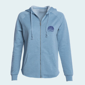 Women's cool mist colored hoodie with pocket-print of sunrise logo