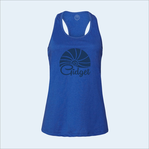 Women's deep blue tanktop, view of front-side, with large print of sunrise logo