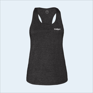 Women's dusk gray tanktop, view of front-side, with small print of g-fin logo