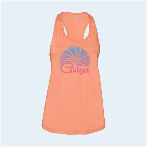 Women's trestles coral tanktop, view of front-side, with large print of sunset logo