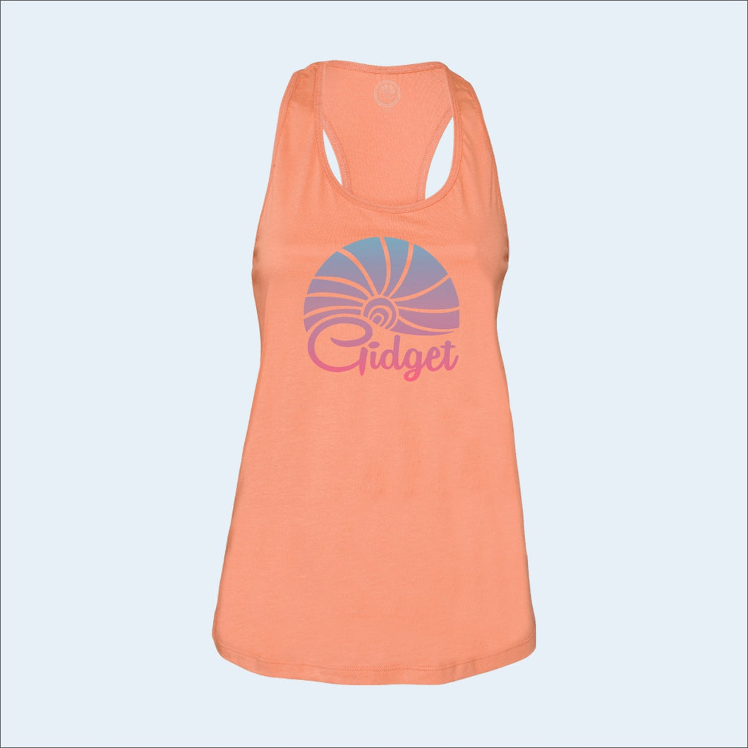 Women's trestles coral tanktop, view of front-side, with large print of sunset logo