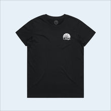 Load image into Gallery viewer, Women&#39;s black t-shirt, view of front-side, with small print of sunrise logo

