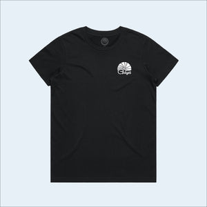 Women's black t-shirt, view of front-side, with small print of sunrise logo