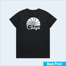 Load image into Gallery viewer, Women&#39;s black t-shirt, view of back-side, with large print of sunrise logo
