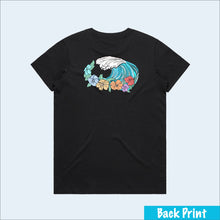 Load image into Gallery viewer, Women&#39;s black colored t-shirt, view of back-side, with hibiscus and wave artwork
