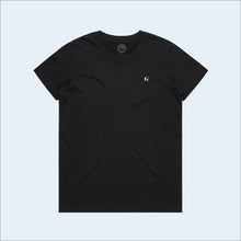 Load image into Gallery viewer, Women&#39;s black colored t-shirt, view of front-side, with small g-fin accent logo
