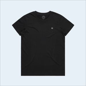 Women's black colored t-shirt, view of front-side, with small g-fin accent logo