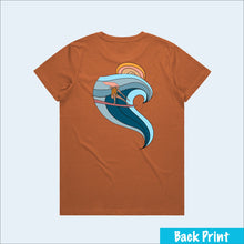 Load image into Gallery viewer, Women&#39;s copper colored t-shirt, view of back-side, with girl in the curl artwork
