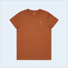 Load image into Gallery viewer, Women&#39;s copper colored t-shirt, view of front-side, with small g-fin accent logo
