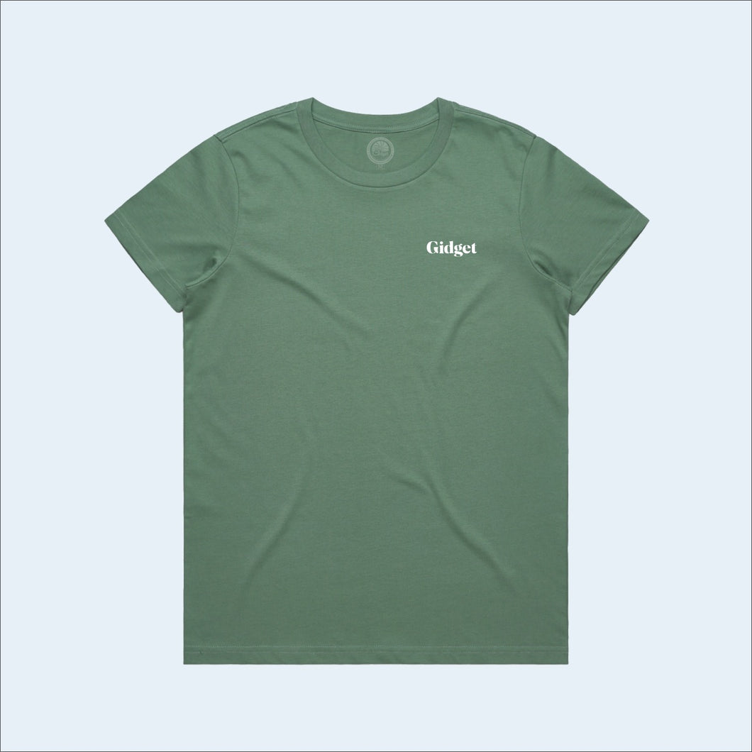 Women's sage colored t-shirt, view of front-side, with small print of g-fin logo