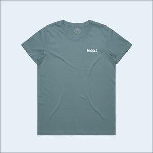Women's slate-blue colored t-shirt, view of front-side, with small print of g-fin logo