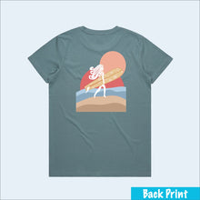 Load image into Gallery viewer, Women&#39;s slate blue colored t-shirt, view of back-side, with goldirocks artwork
