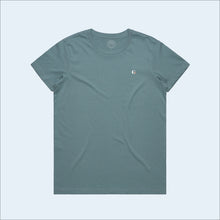 Load image into Gallery viewer, Women&#39;s slate blue colored t-shirt, view of front-side, with small g-fin accent logo
