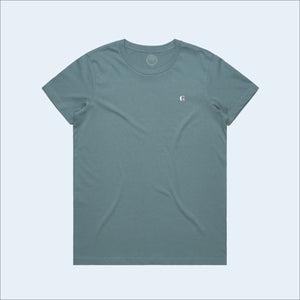 Women's slate blue colored t-shirt, view of front-side, with small g-fin accent logo