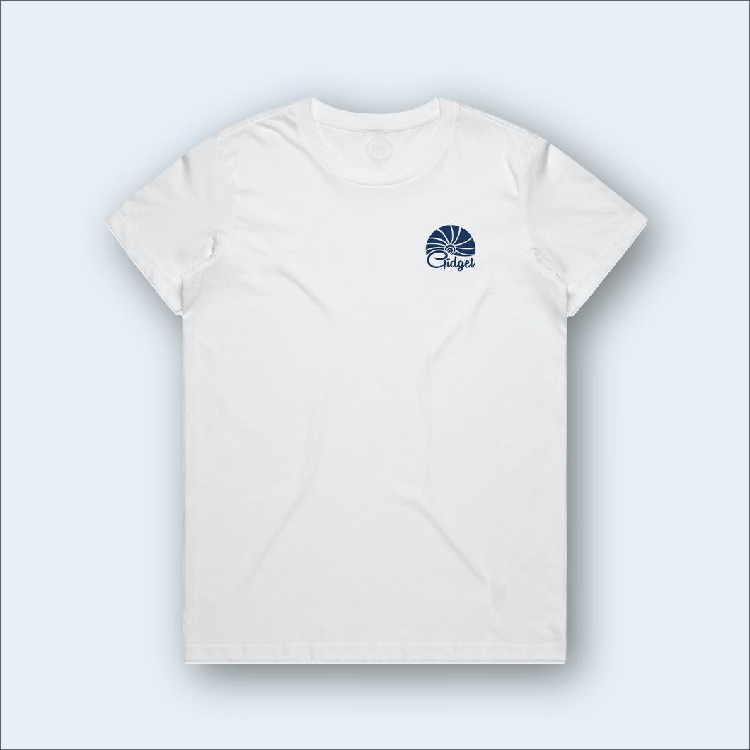 Women's white t-shirt, view of front-side, with pocket-print of sunrise logo